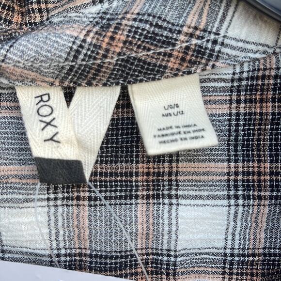 Roxy long sleeve brown plaid button down shirt front knot tie size large NEW - Picture 3 of 5